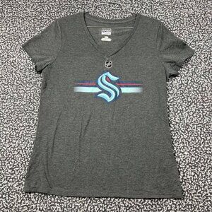 Seattle Kraken Shirt Women Medium Gray Fanatics NHL Short Sleeve V-Neck M